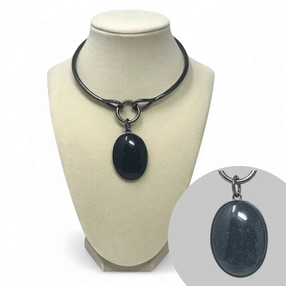 White House Black Market Gunmetal Collar Necklace Dark Blue Sparkle Pendant NWOT